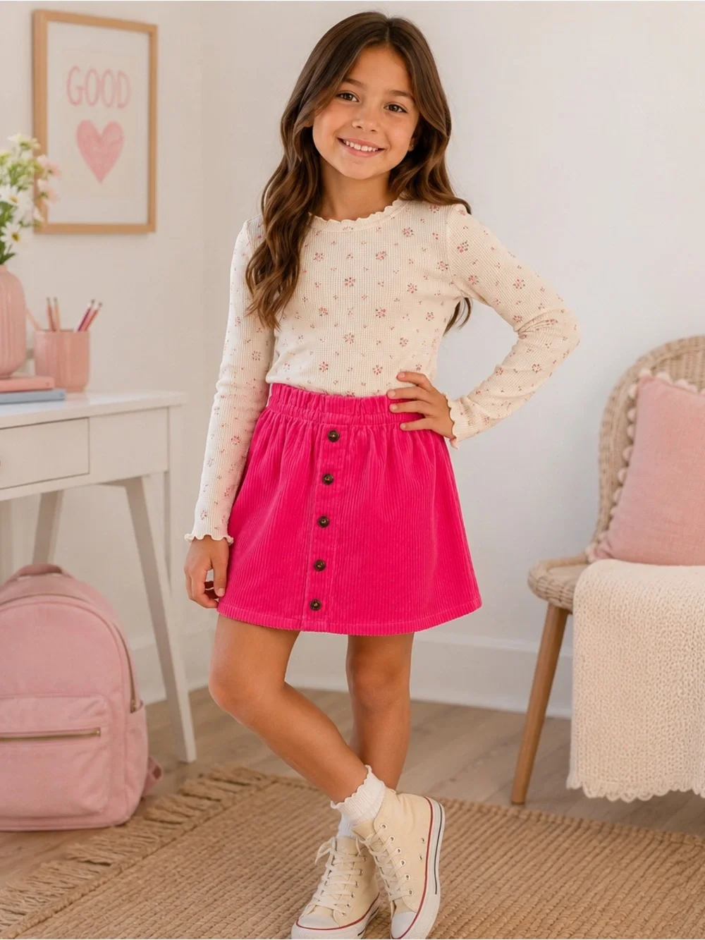Isaac Mizrahi New York Girls Pink Corduroy Button Front Skirt Size M(7/8) Cotton